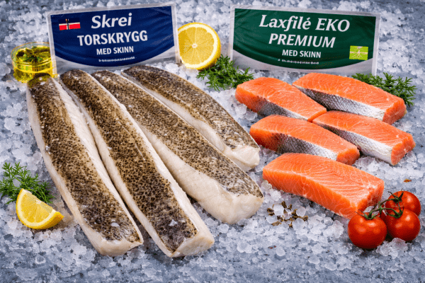 Skrei torsk och laxfilé